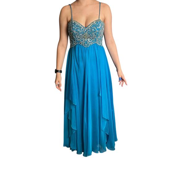 Dave & Johnny Cobalt Turquoise Beaded Rhinestone Flowy Draped Gown Prom Ball 3/4 - Picture 1 of 4